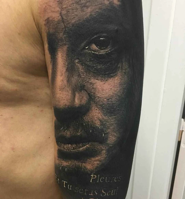 Realism Portrait, Lettering tattoo on Full Sleeve