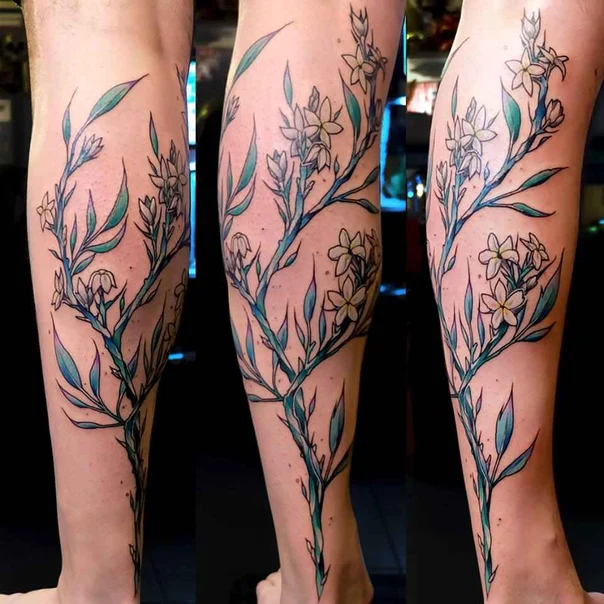 Botanic Flowers, Leaves tattoo on Calf