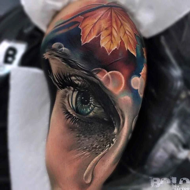 Realism Eye, Leaf tattoo on Shoulder