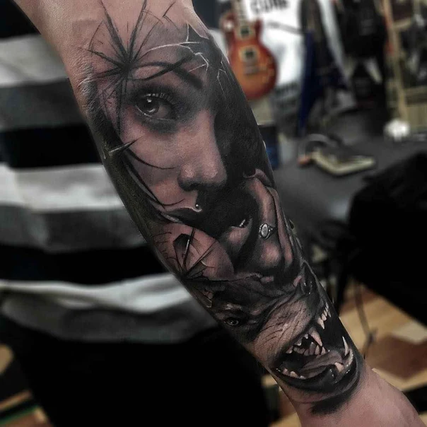 Realism Portrait, Wolf tattoo on Forearm