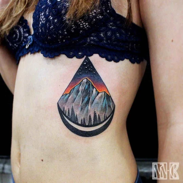 Иллюстративная Mountain, Trees tattoo на Ribcage