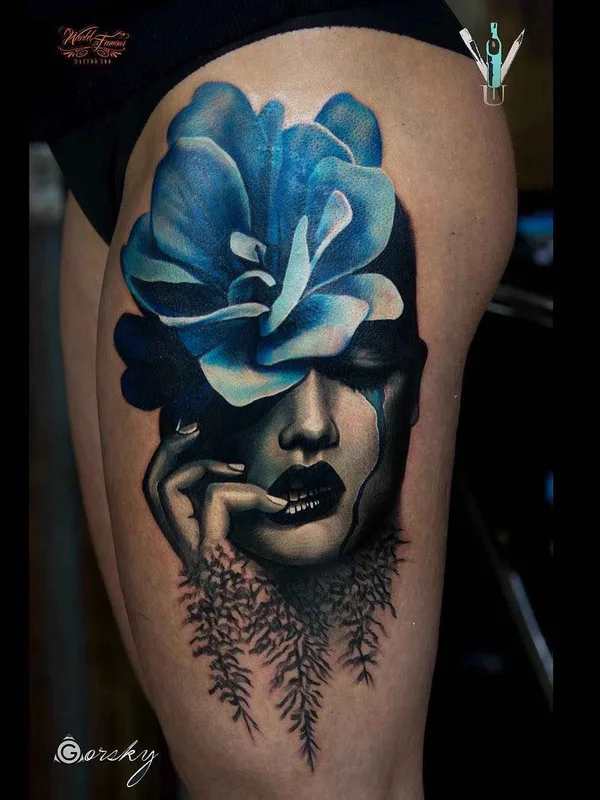 female color realism tattoo auf thigh #1119 | Tätowierer Damian Gorski
