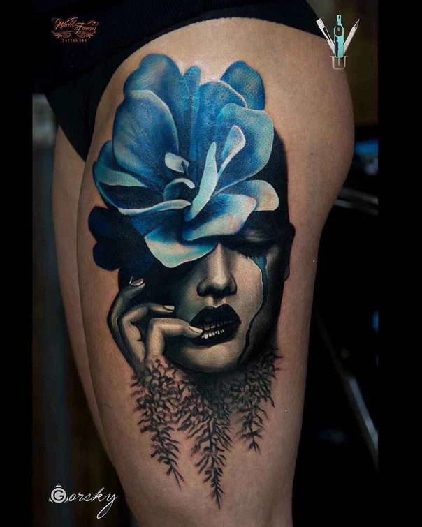 Realism Flower, Face tattoo on Thigh
