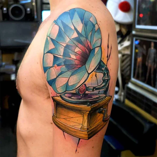 Watercolor Gramophone tattoo on Shoulder