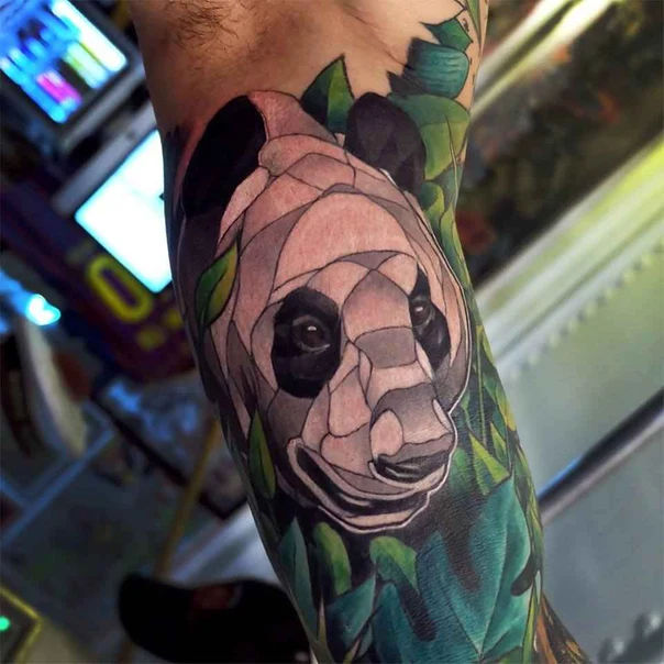 Geometric Panda, Leaves tattoo on Forearm