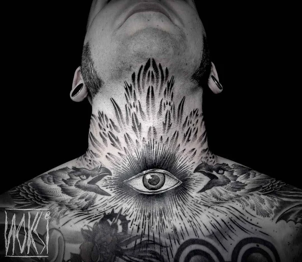 Blackwork Eye, Bird tattoo on Neck