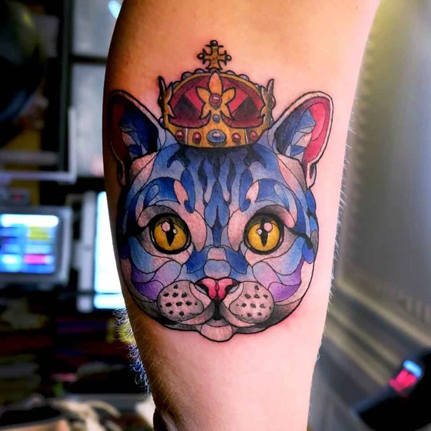 Illustrative Cat, Crown tattoo on Forearm