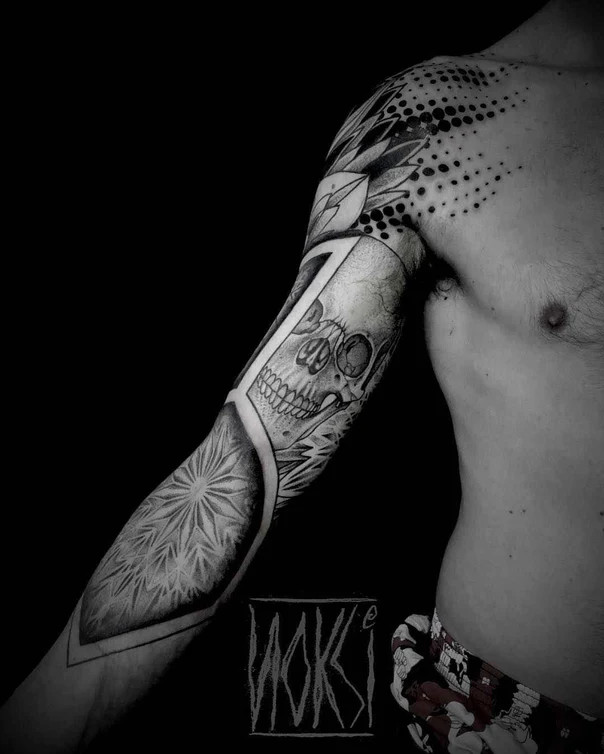 Black & Grey Skull, Geometric tattoo on Full Sleeve