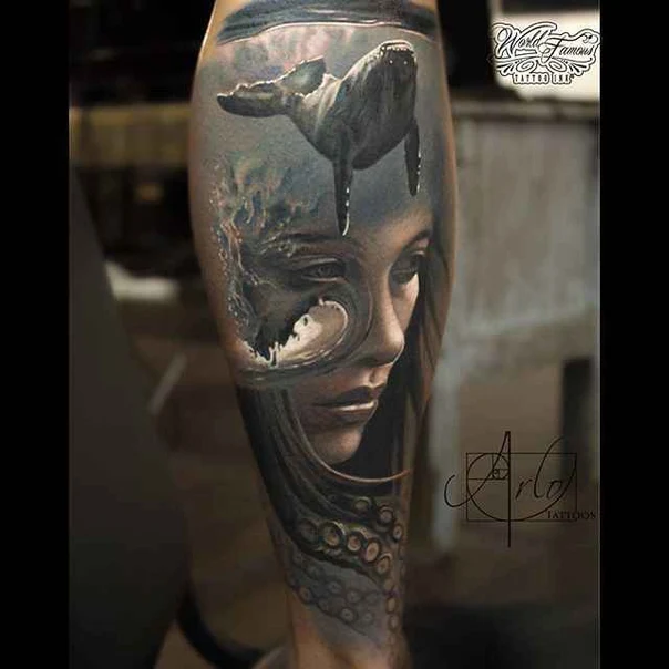 Realism Whale, Face tattoo on Forearm