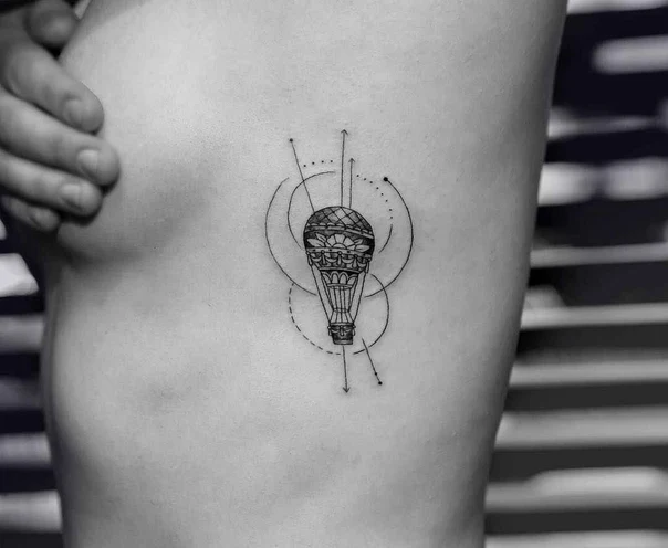 Linework Hot air balloon, Geometric tattoo on Ribcage