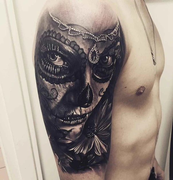 Black & Grey Skull, Flower tattoo on Full Sleeve