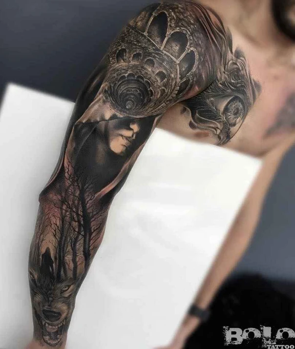 Realism Wolf, Forest tattoo on Full Sleeve