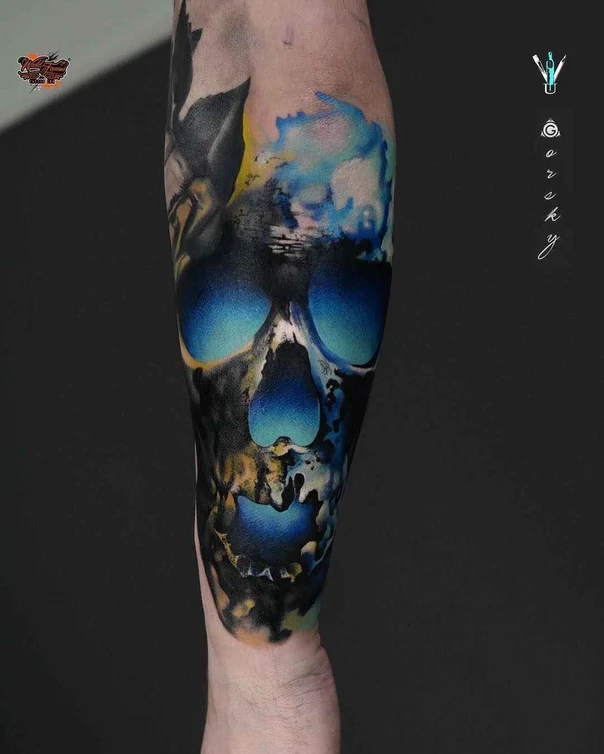 Watercolor Skull tattoo on Forearm