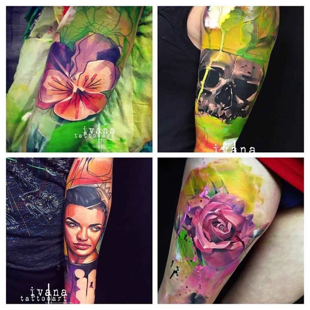 Watercolor Flower, Skull tattoo on Full Sleeve