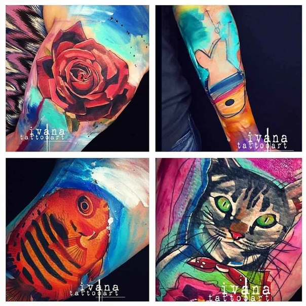 Watercolor Rose, Fish tattoo on Forearm