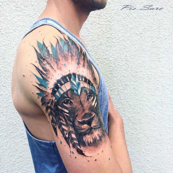 Акварель Lion, Native american headdress tattoo на Плечо