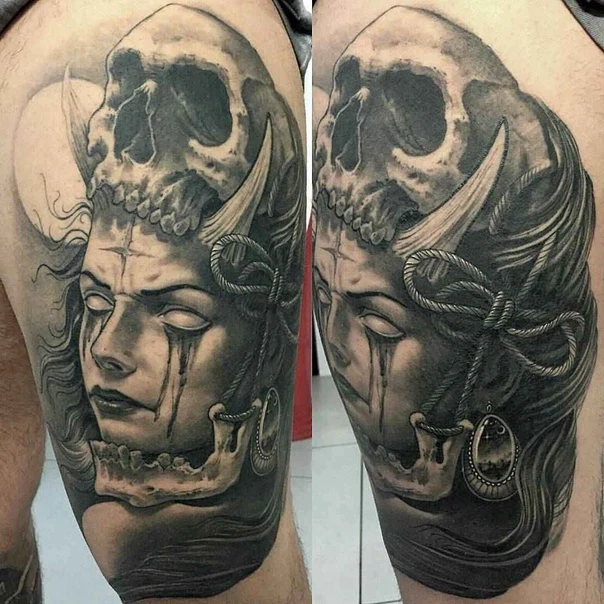 Black & Grey Skull, Portrait tattoo on Thigh