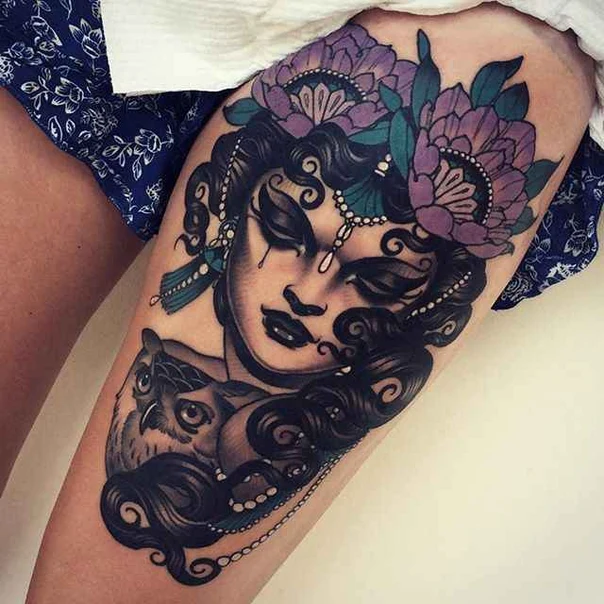 Illustrative Woman, Owl tattoo on Thigh