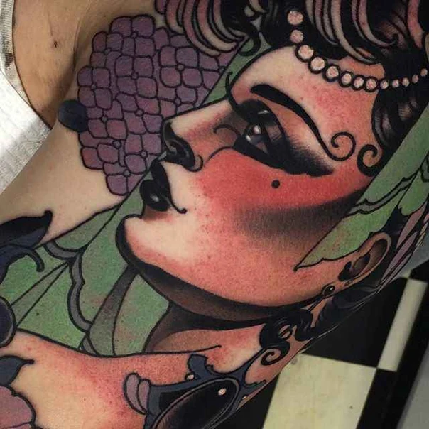 Neo-traditional Portrait, Floral tattoo on Upper Arm