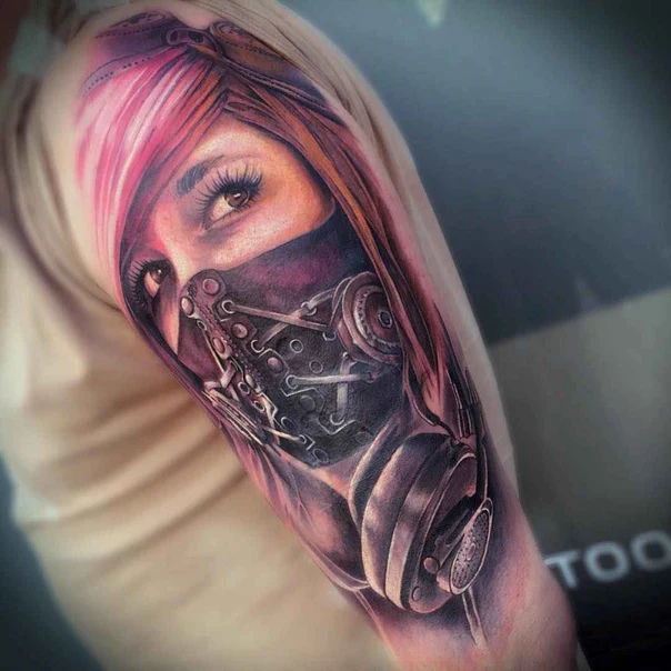 Realism Woman, Mask tattoo on Upper Arm