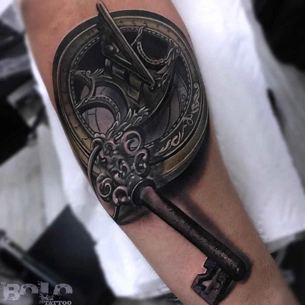Realism Key, Clock tattoo on Forearm
