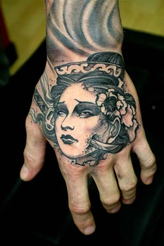 Black & Grey Portrait, Flower tattoo on Hand