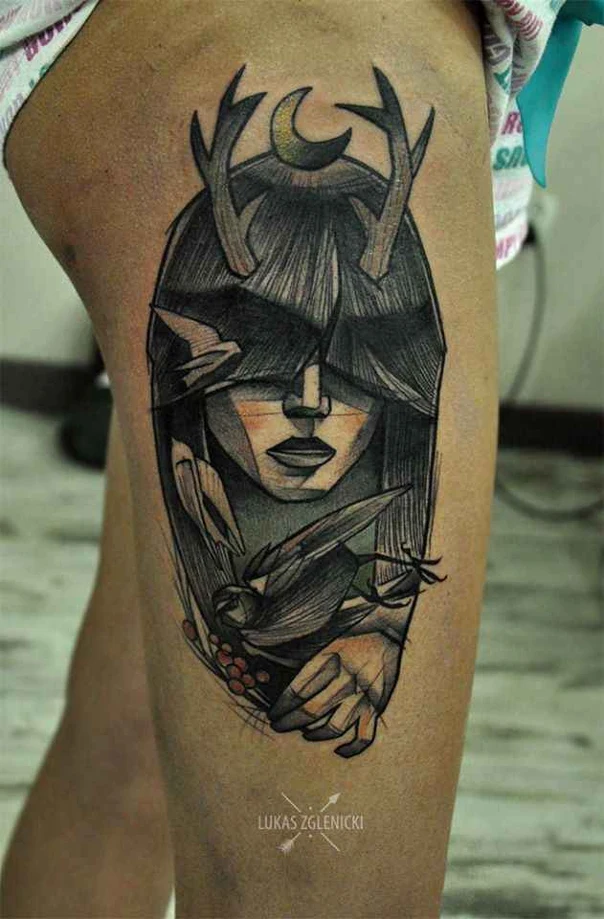 Illustrative Woman, Birds tattoo on Thigh