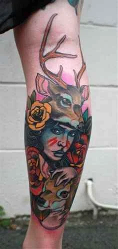 Neo-traditional Deer, Woman tattoo on Calf