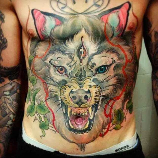 Illustrative Wolf, Animal tattoo on Stomach