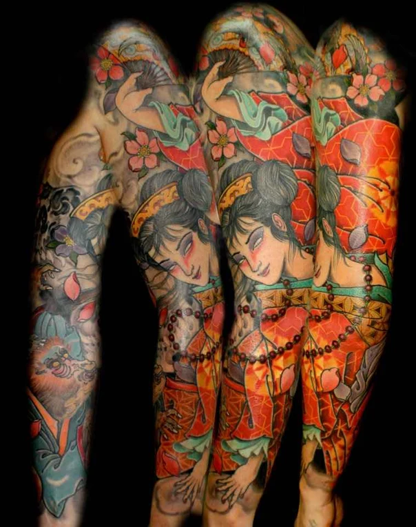 Japanese Geisha, Flowers tattoo on Full Sleeve