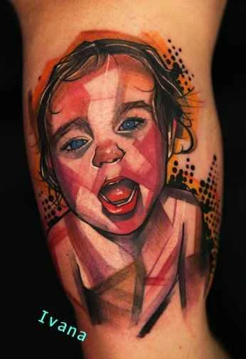 Illustrative Portrait, Child tattoo on Upper Arm