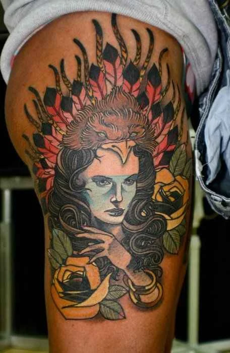 Neo-traditional Portrait, Rose tattoo on Thigh