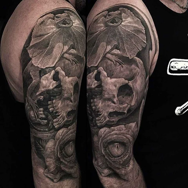 Realism Skull, Reptile tattoo on Full Sleeve