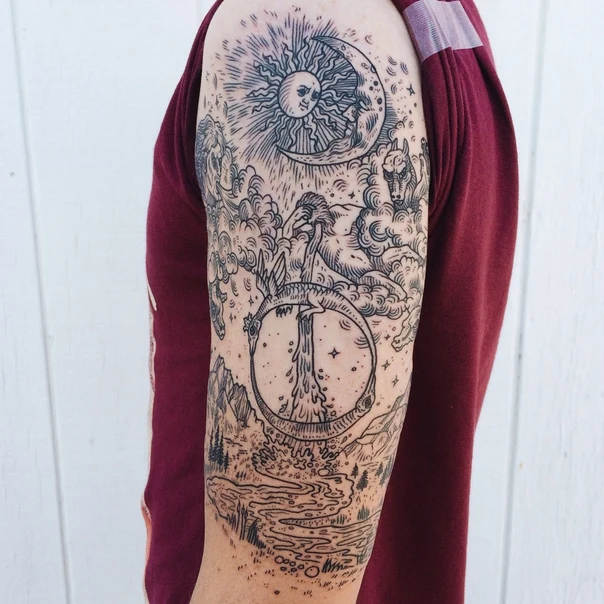 Illustrative Sun, Moon tattoo on Full Sleeve