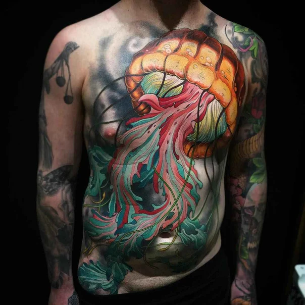 Illustrative Jellyfish, Seaweed tattoo on Chest
