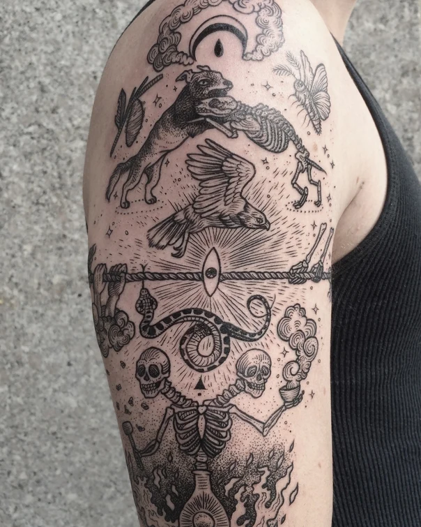 Blackwork Dog, Eagle tattoo on Upper Arm