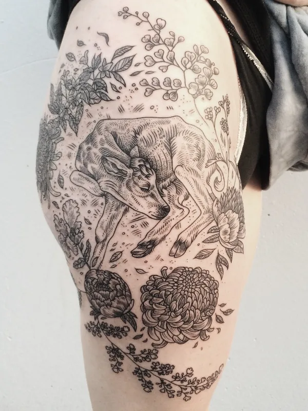 female black and grey illustrative tattoo on thigh #459 | Tattoo Artist Pony Reinhardt