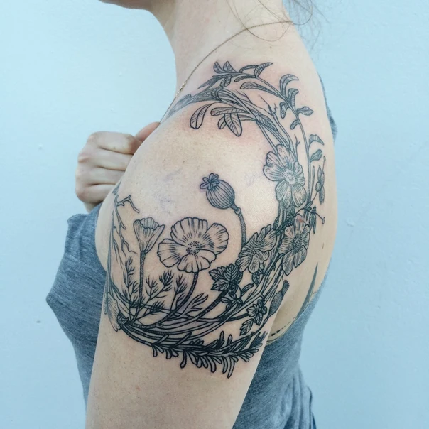 Linework Flowers, Leaves tattoo on Shoulder