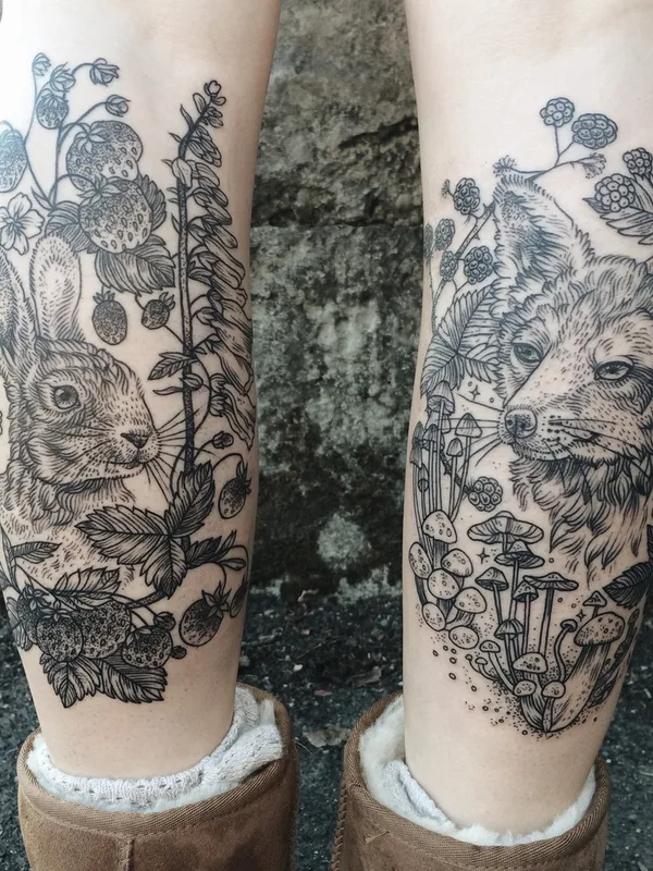black illustrative tattoo on calf #458 | Tattoo Artist Pony Reinhardt