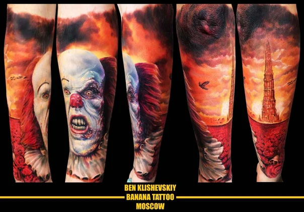 Реализм Clown, Landscape tattoo на Полный рукав