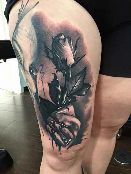 Realism Rose, Hand tattoo on Thigh