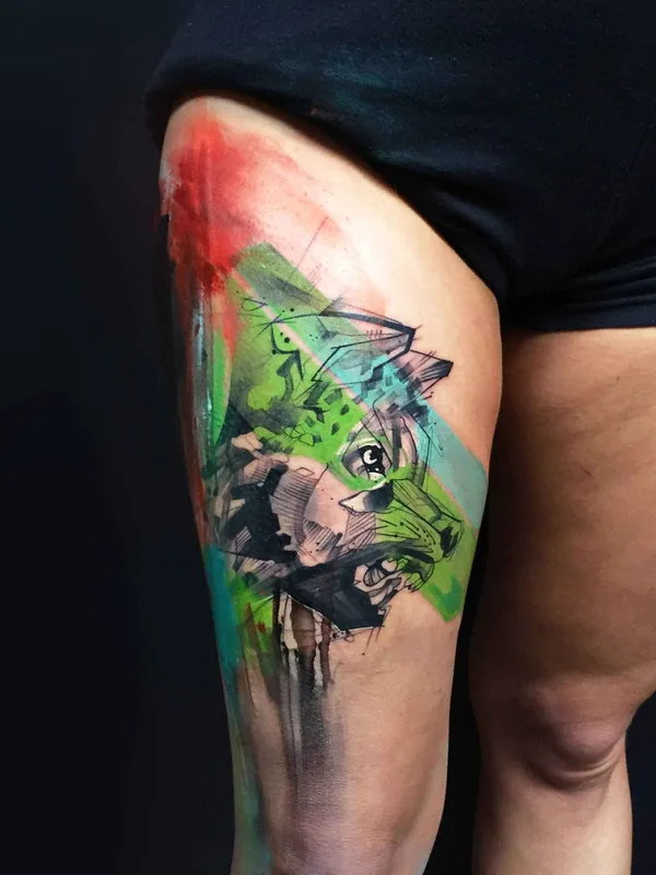 female color abstract tattoo on thigh #742 | Tattoo Artist Ivana Belakova