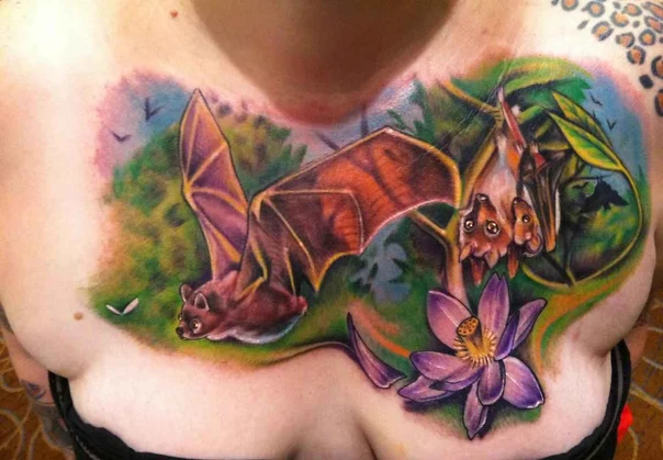 Illustrative Bat, Flower tattoo on Chest