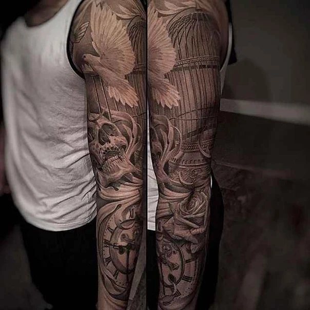 Realism Skull, Dove tattoo on Full Sleeve