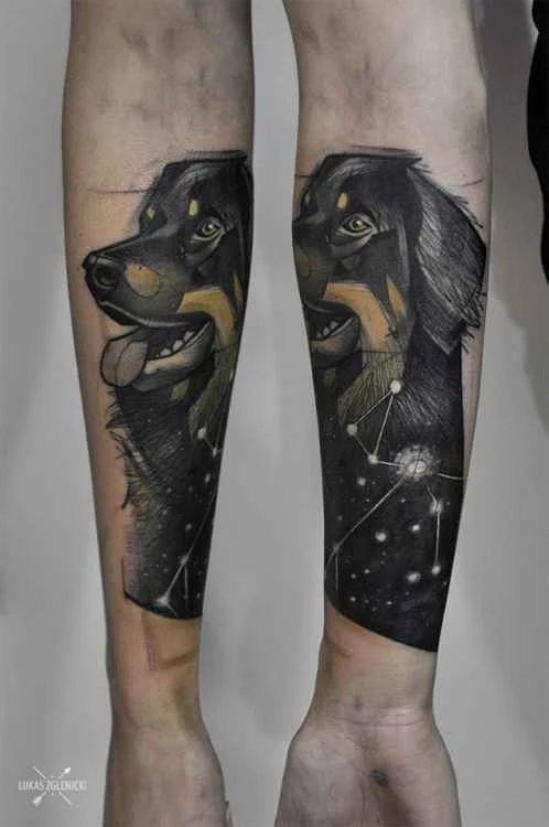 Illustrative Dog, Constellation tattoo on Forearm