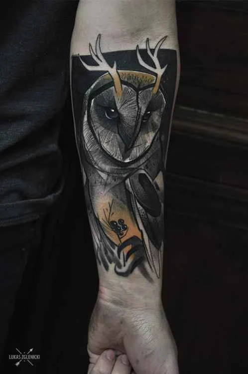 Illustrative Owl, Antlers tattoo on Forearm