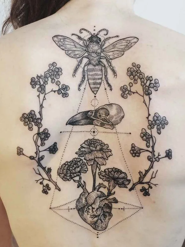 female black and grey linework tattoo on upper back #455 | Tattoo Artist Pony Reinhardt