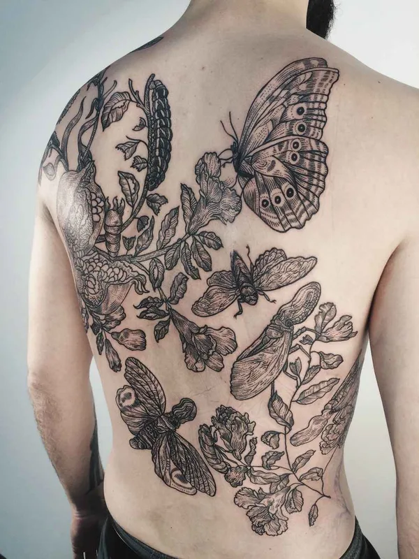 male black and grey illustrative tattoo on full back #460 | Tattoo Artist Pony Reinhardt