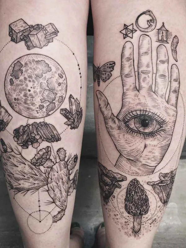 black and grey blackwork tattoo on calf #462 | Tattoo Artist Pony Reinhardt