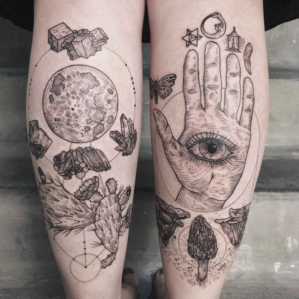 Blackwork Moon, Crystals tattoo on Calf